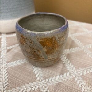 Handcrafted Ceramic Planter in Gray with Blue and Gold Accents